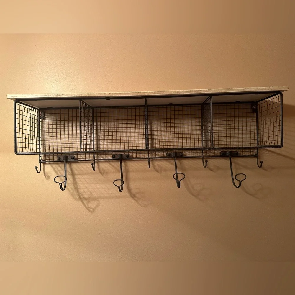 Vintage wood & metal shelf with cubbies and hooks